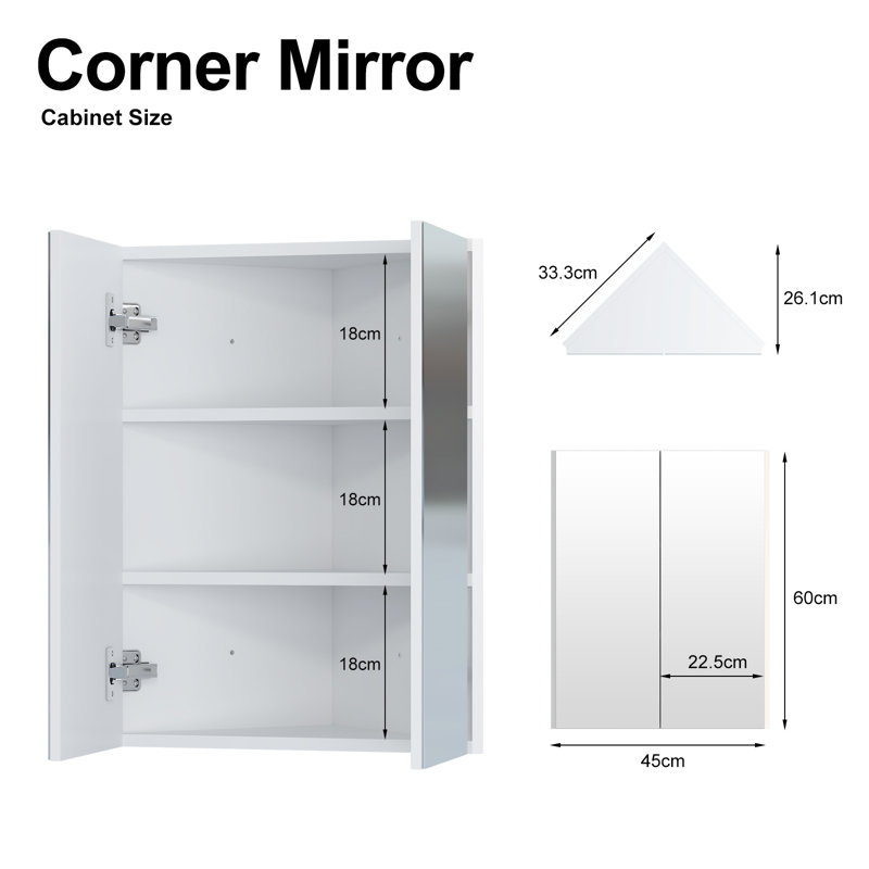 Sprow 45x60cm Corner Bathroom Cabinet with Mirror,2 Door 3 Shelf