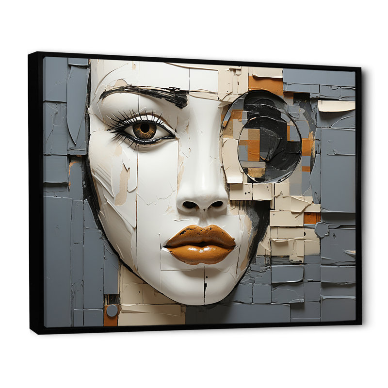 Beige gris, peinture, collage, portrait sur toile, Cadre flottant noir, H 16 po x l 32 po x P 1 po