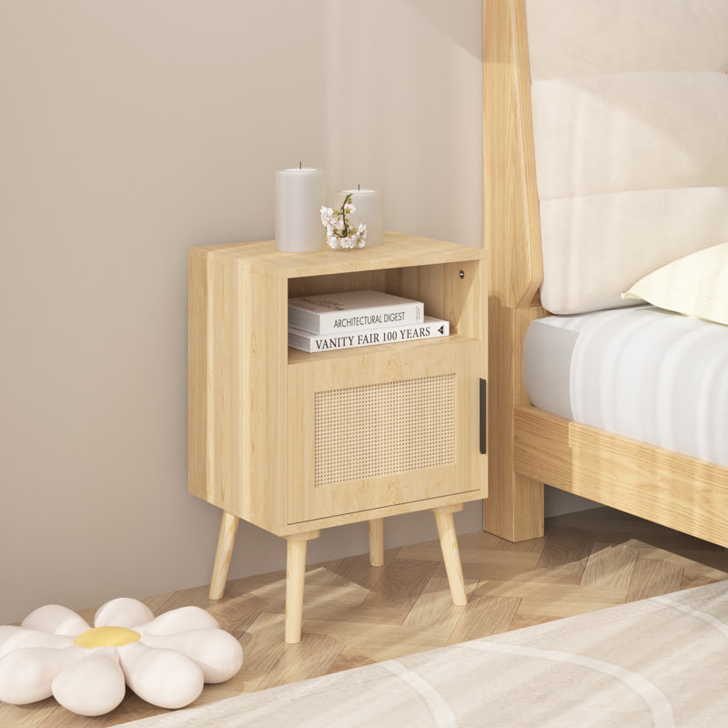 Table de chevet avec porte H 23,3 po - Pieds en bois massif, table de chevet en chêne et tablette décorative intrigante