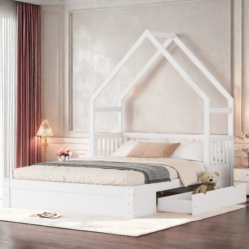 Lit plateforme en bois avec garde-corps et 2 tiroirs Wood House, Blanc