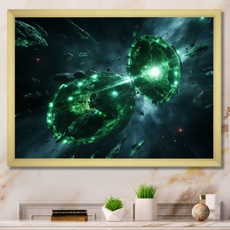 «Green and White Cosmos Explosion I», art mural de la planète espace, Cadre doré à coins fermés, H 32 po x l 16 po x P 1 po