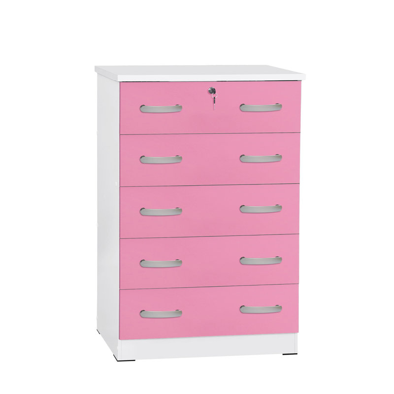 Commode 5 tiroirs Luker, Blanc / rose