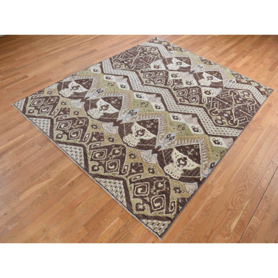 8'1"x10' Brown Ikat Tribal and Geometric Design Wool Hand Knotted Rug 7FBDE8AD8970440685FC6F106DF9CED1