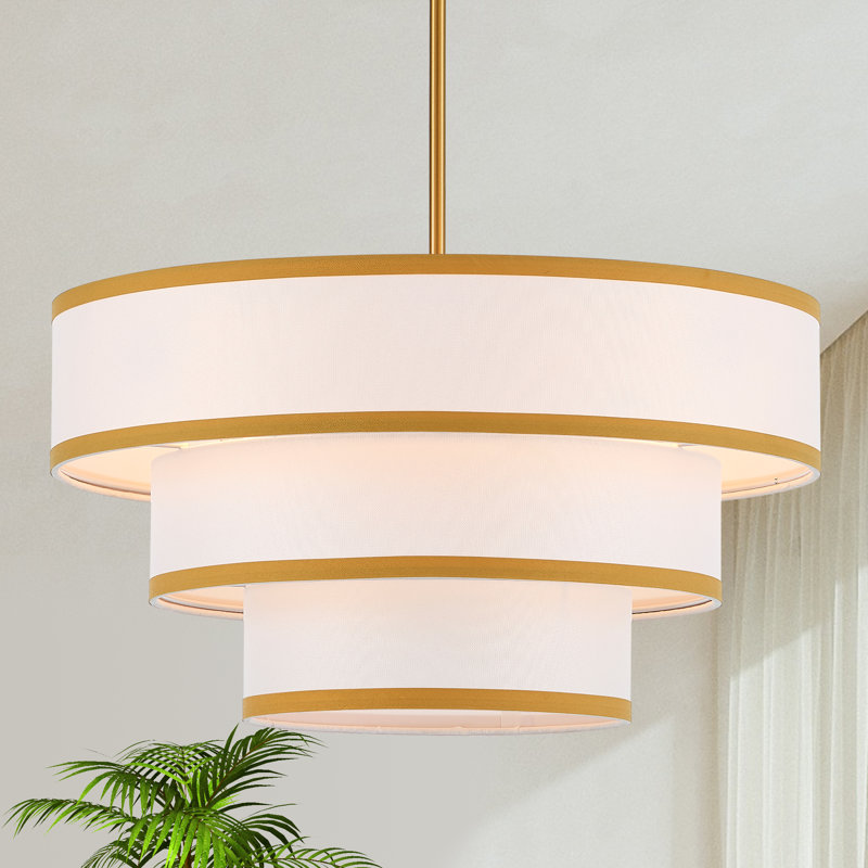 4-Light Modern Drum Linen Chandelier, Gold, 3 Tiers, 4 Lights