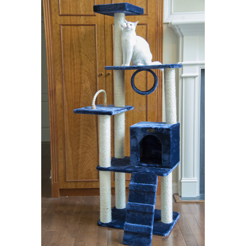 Navy Blue Sisal and Faux Fur Multi-Level Cat Tree Tower