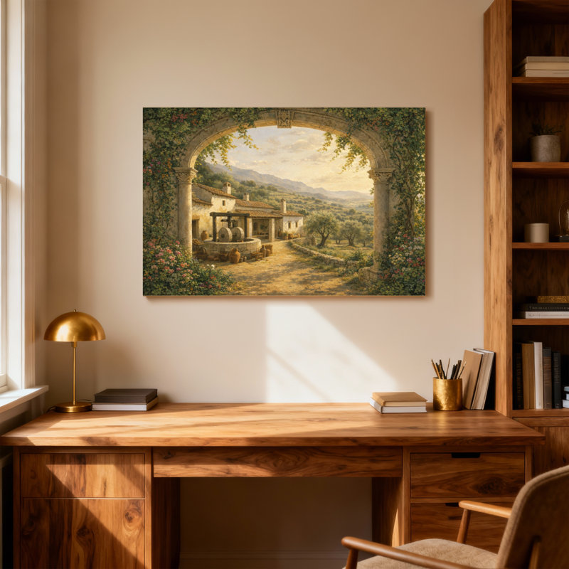 Scène de paysage de village rustique, H 12 po x l 18 po