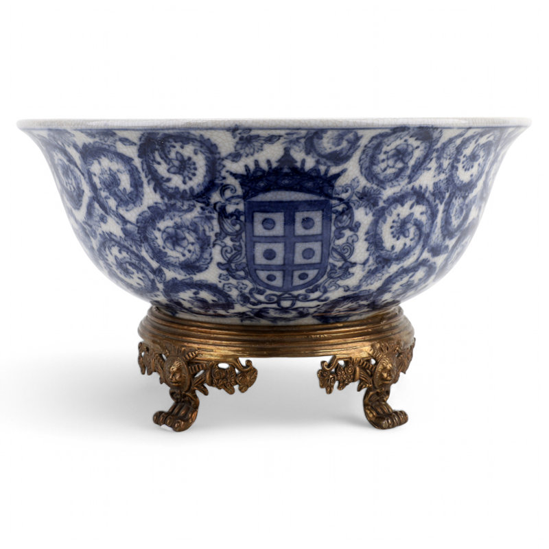 Porcelain Bowl With Bronze Blue White Emblem
