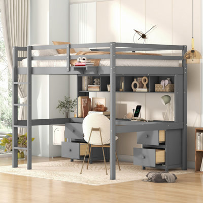 Lit mezzanine avec bureau, tiroirs et station de charge