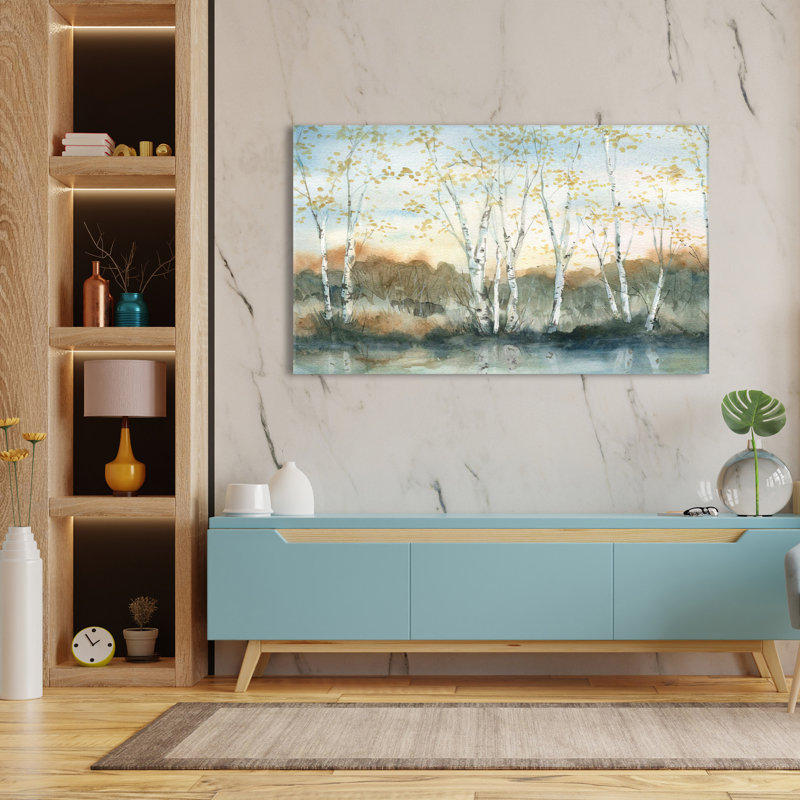 Birch Riverbank - Peinture, L 40 po x H 24 po, Toile tendue