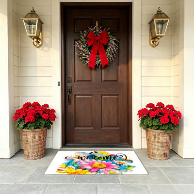 Watercolor Daisy Welcome Script 24 x 36 in Entry Rug Interior and Exterior Decor