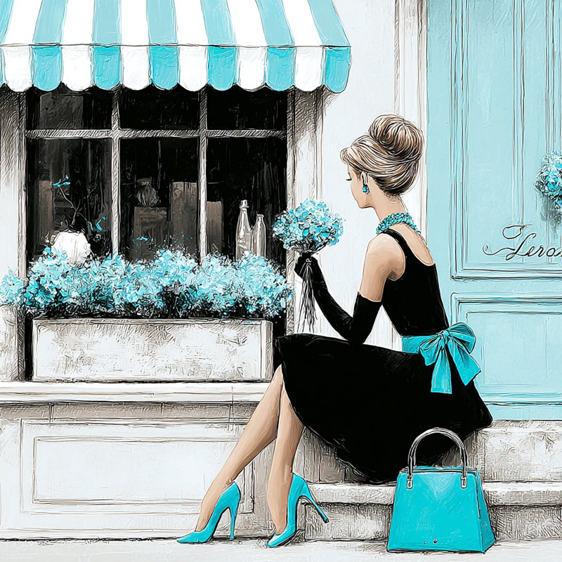 «Elegant Woman with Blue Accents Sitting» par Paris Café, art mural sur toile tendue, H 20 po x l 20 po