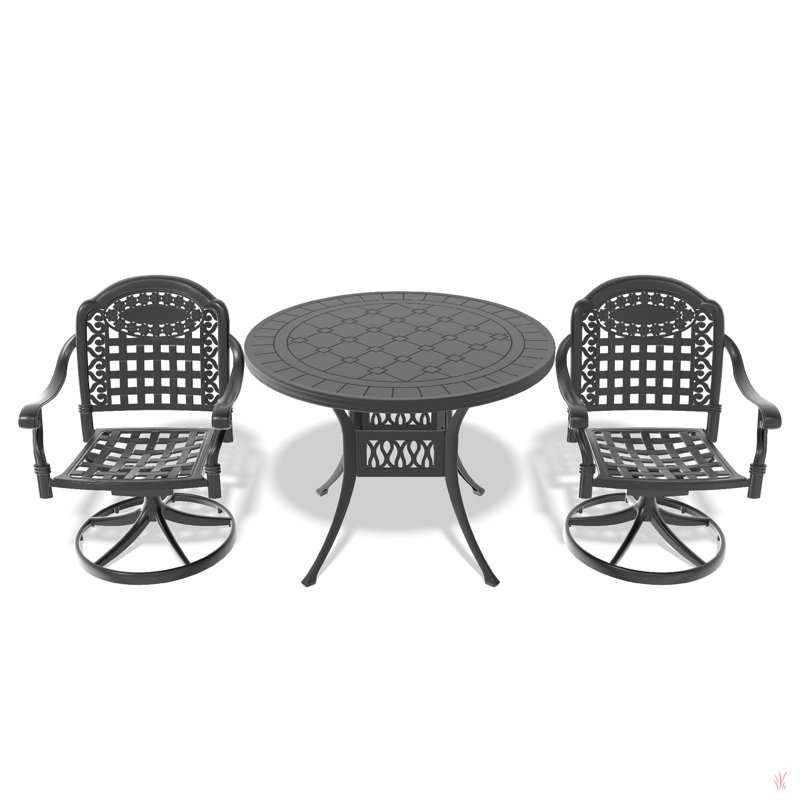 Cet ensemble de salle à manger en fonte d'aluminium toutes saisons comprend des chaises pivotantes et une table ronde avec cadre noir