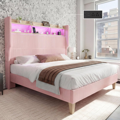 Structure de lit double avec tête de lit à oreilles en velours côtelé de 51 po de hauteur et tablette de rangement, lit plateforme tapissier avec lumières DEL et station de charge, aucun sommier nécessaire, assemblage facile, rose