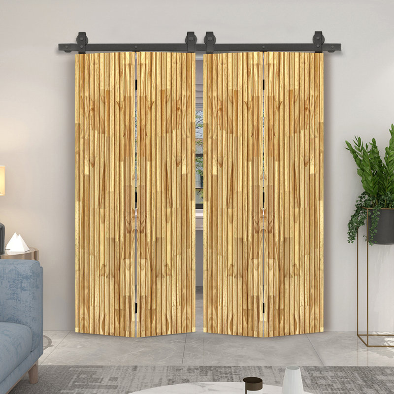 Porte de grange pliante en bois de pin teinté Japanese Series avec quincaillerie coulissante, 64 po x 84 po, Chêne vieilli