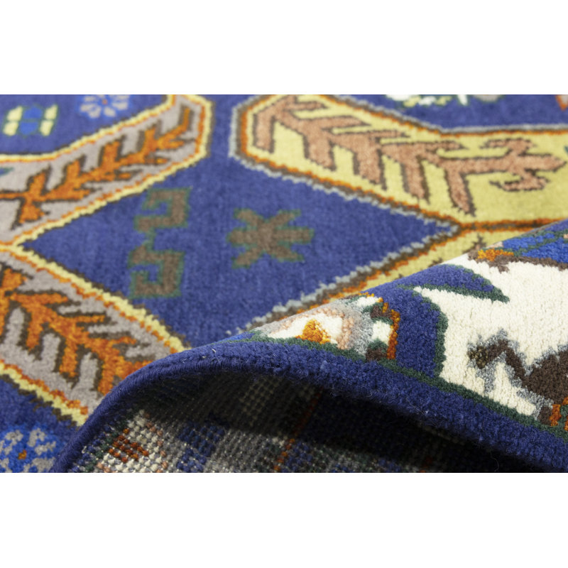 Tapis géométrique bleu en laine noué à la main 8 pi x 9 pi 10 po Sinaikin 