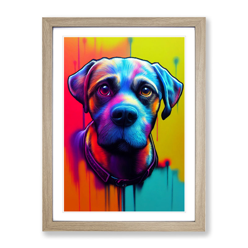 Neon Dog No.1 - Framed Print, 34cm H x 25cm W x 2cm D, Oak