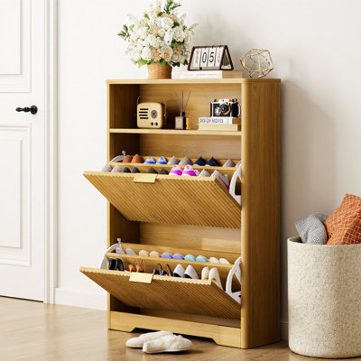 31.6" Slim Shoe Cabinet with 2 Flip Drawers, 9.6" Narrow Entryway Organizer, Wave Pattern Hidden Storage with Gold Handles, Natural Wood Finish, 8-10 Pairs Capacity