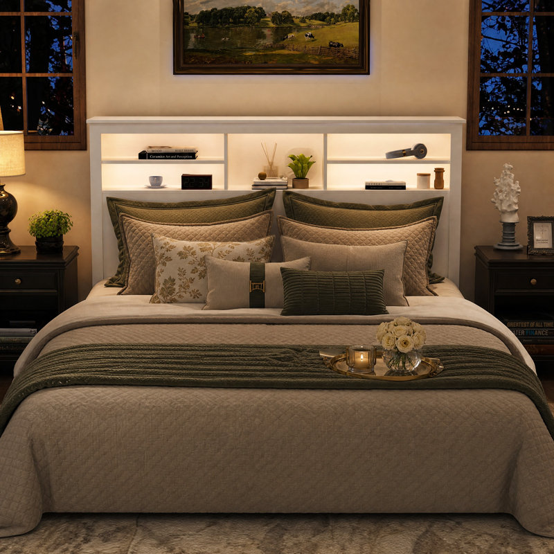 White Queen Bookcase Headboard with 5 Storage Shelves and App-Controlled RGB LED Lights