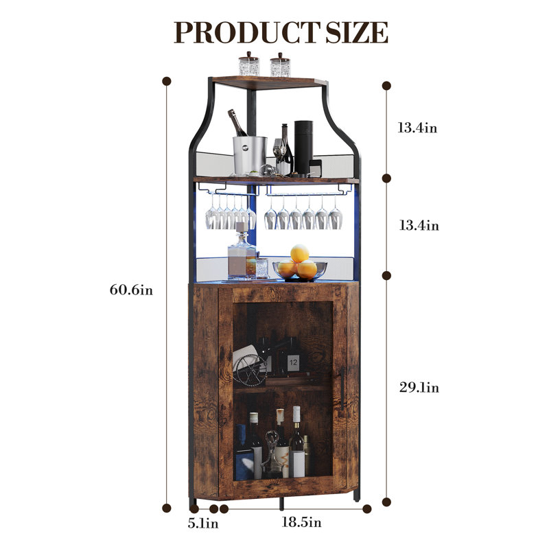 Armoire à vin d'angle, support à vin en métal pouvant contenir plus de 50 bouteilles et verrerie, rangement de vin de plancher pour la cuisine, la salle à manger, le bureau et le bar