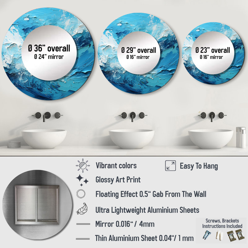 Cerulean Seascape III - Landscapes Large Wall Mirror, Modern Round Decorative Mirror, Printed Metal Art, 36" x 36"