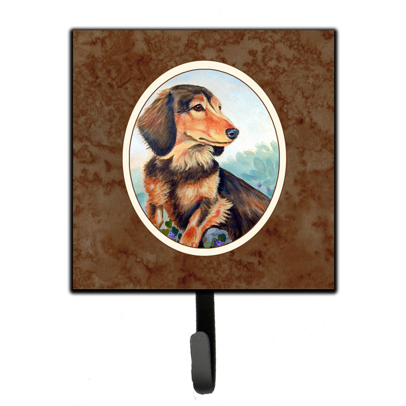 Pelin Metal Wall Organizer with Key Hooks, Brown/Salmon/Blue, Long Hair Chocolate And Cream Dachshund