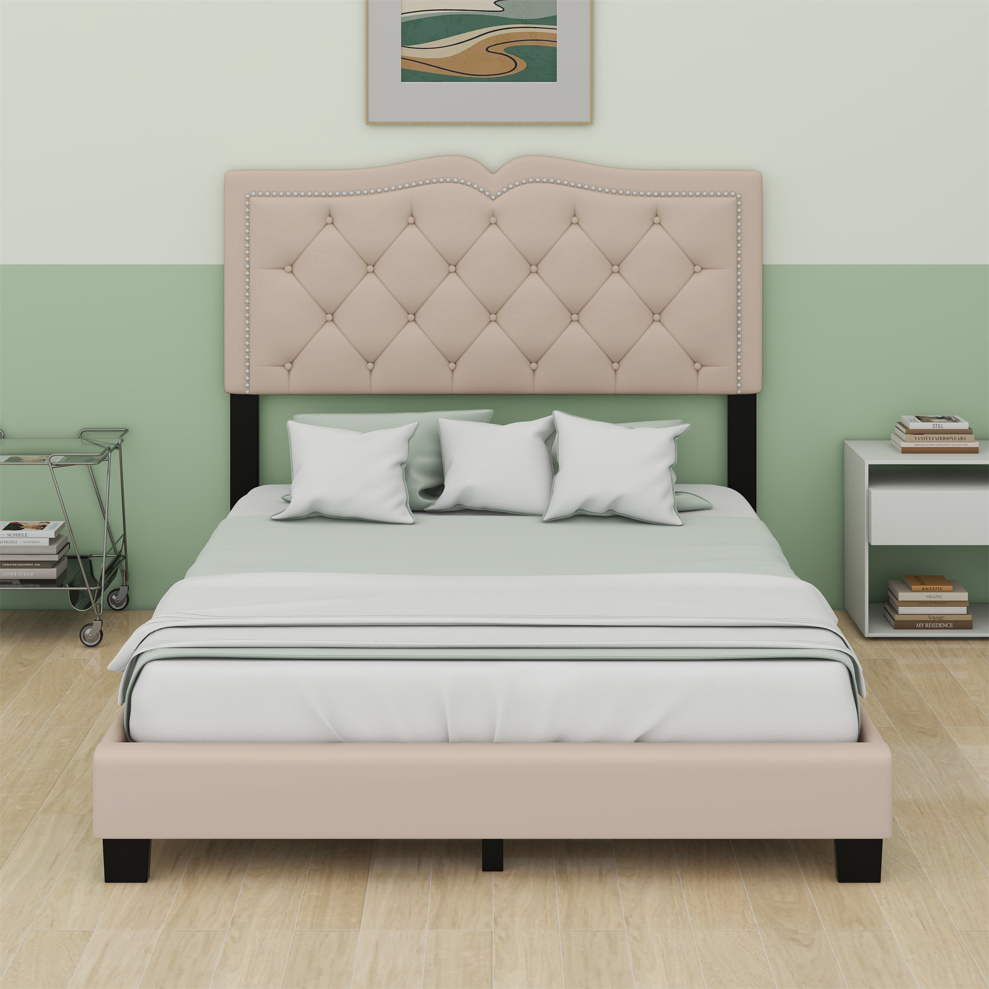 Mercer41 Upholstered Bed Frame With Rivet Design, Modern Platform Bed ...