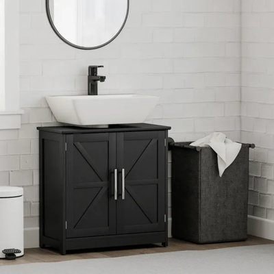 Armoire de rangement à piédestal Farmhouse, armoire de salle de bain avec 2 portes de grange et tablette ajustable, noir vieilli, aucun évier inclus