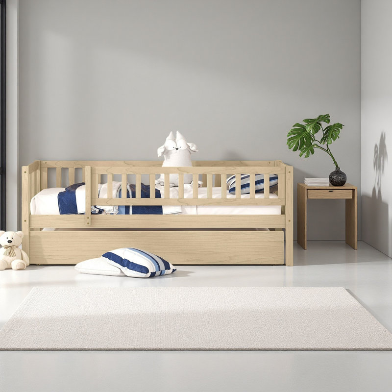 Twin Size Wood Daybed With Trundle And Fence Guardrails, Natural