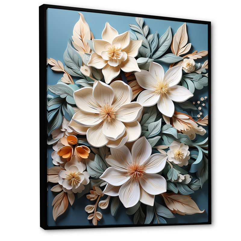 Élégant papier mâché, fleurs de plumeria, Cadre flottant noir, H 32 po x l 24 po x P 1 po