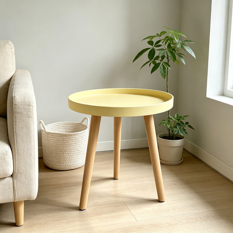 Petite table d'appoint ronde avec plateau, table de chevet minimaliste avec pieds en hêtre massif, plateau en polypropylène résistant, idéale pour le salon, la chambre à coucher ou le balcon.