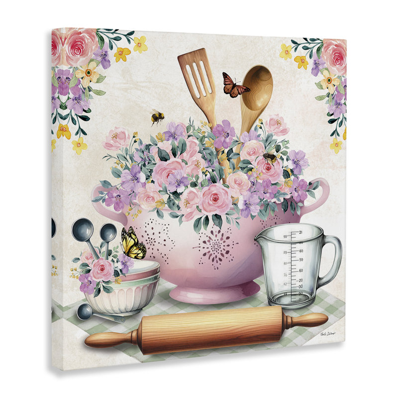 "Pink Florals & Utensils", art mural sur toile par Nicole DeCamp, H 36 po x l 36 po