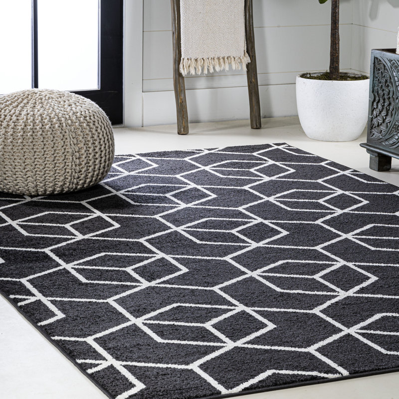 Mashawna Blocks Modern Geometric Black/White Rug, Rectangle 5' x 8'