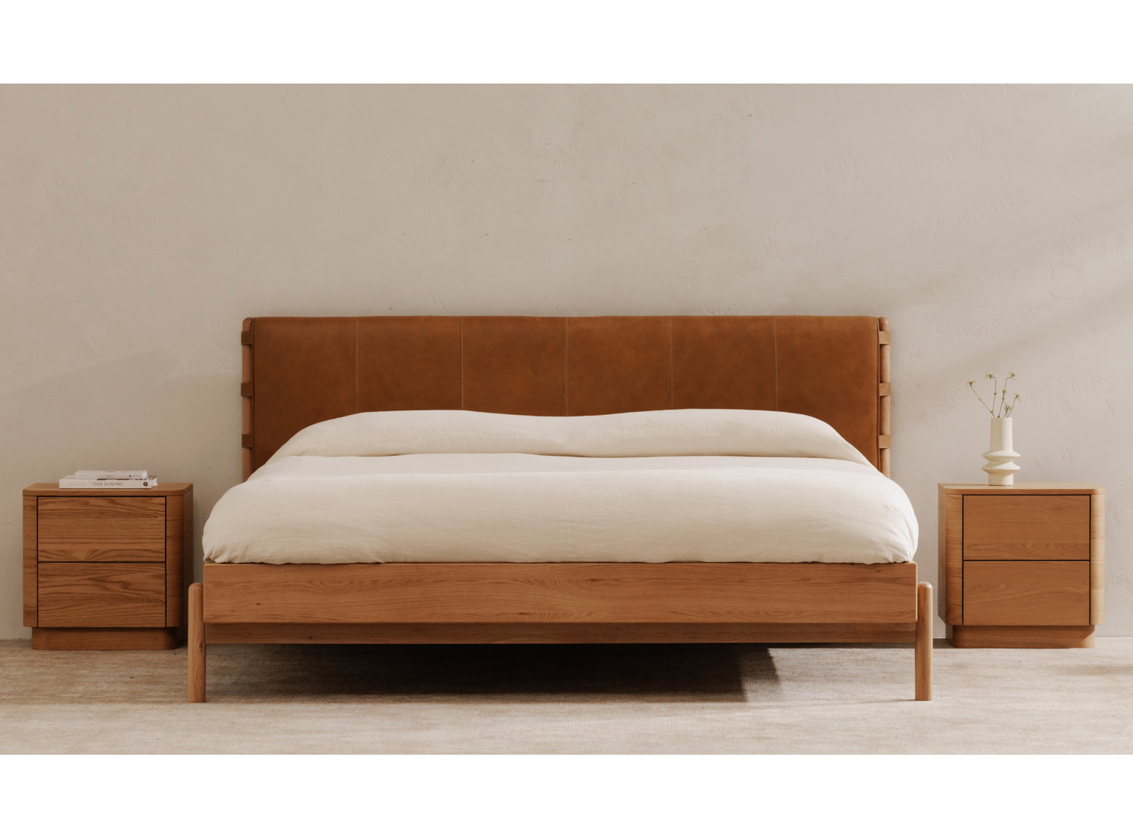 Marlana Genuine Leather Oak Bed, Queen