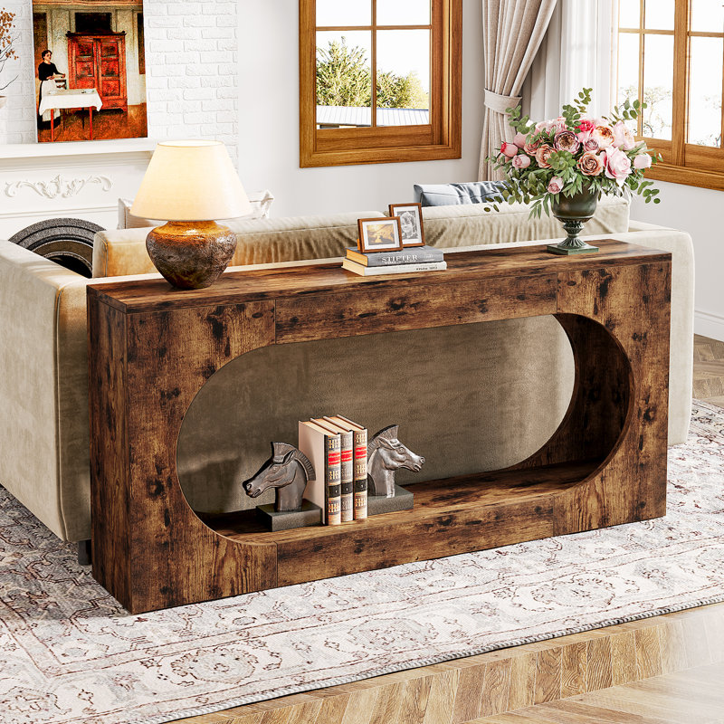63-Inch Rustic Brown Wood Console Table with Storage Shelf