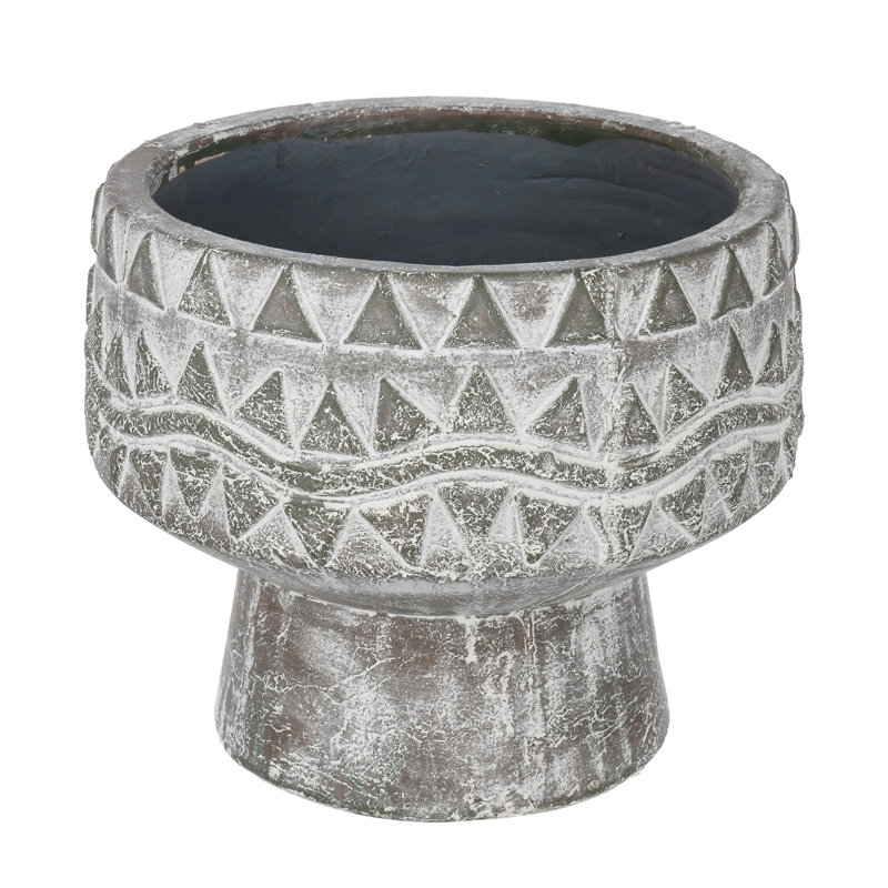 D10x8" Gray Terracotta Planter with Pedestal Base and Patterns, 8.1" H x 9.8" W x 9.8" D