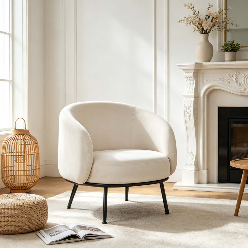 Fauteuil demi-tonneau en velours noir avec capitonnage, fauteuil de style Mid-Century moderne avec pieds en métal, canapé rembourré simple et confortable pour le salon - rembourrage en mousse