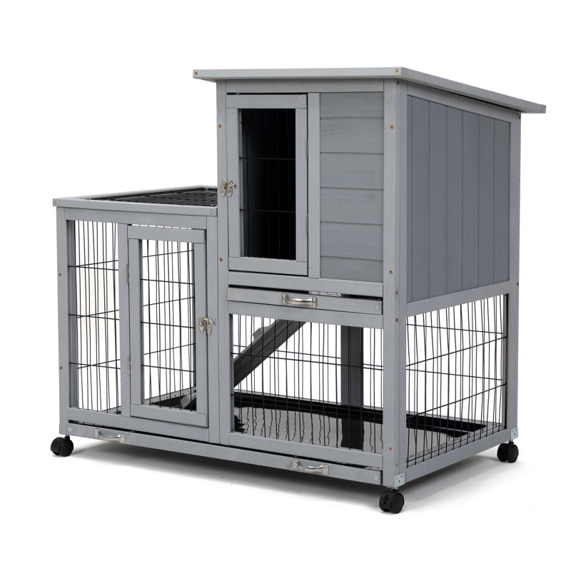 Cage à lapin amovible avec plateau amovible et roulettes, Blanc / Gris