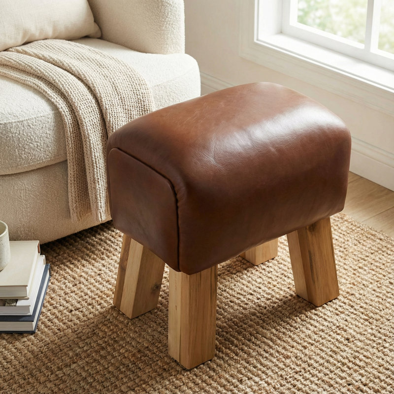Tabouret d'appoint Charroux en cuir véritable brun avec pieds en teck