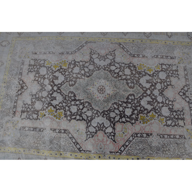 Tapis turc Oushak rétro fait à la main bleu marine avec motif oriental en laine bleu / rose