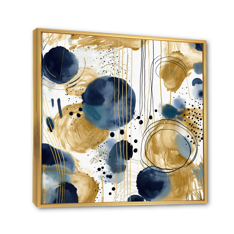 Motif abstrait avec textures bleues et dorées VII sur toile, Cadre flottant doré, H 24 po x l 24 po x P 1 po