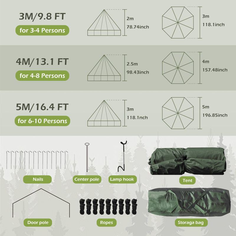 3-4 Person Bell Tent, 4 Season Yurt Tent With Stove Jack, Tents For Camping - 10Ft, 9.8', Green