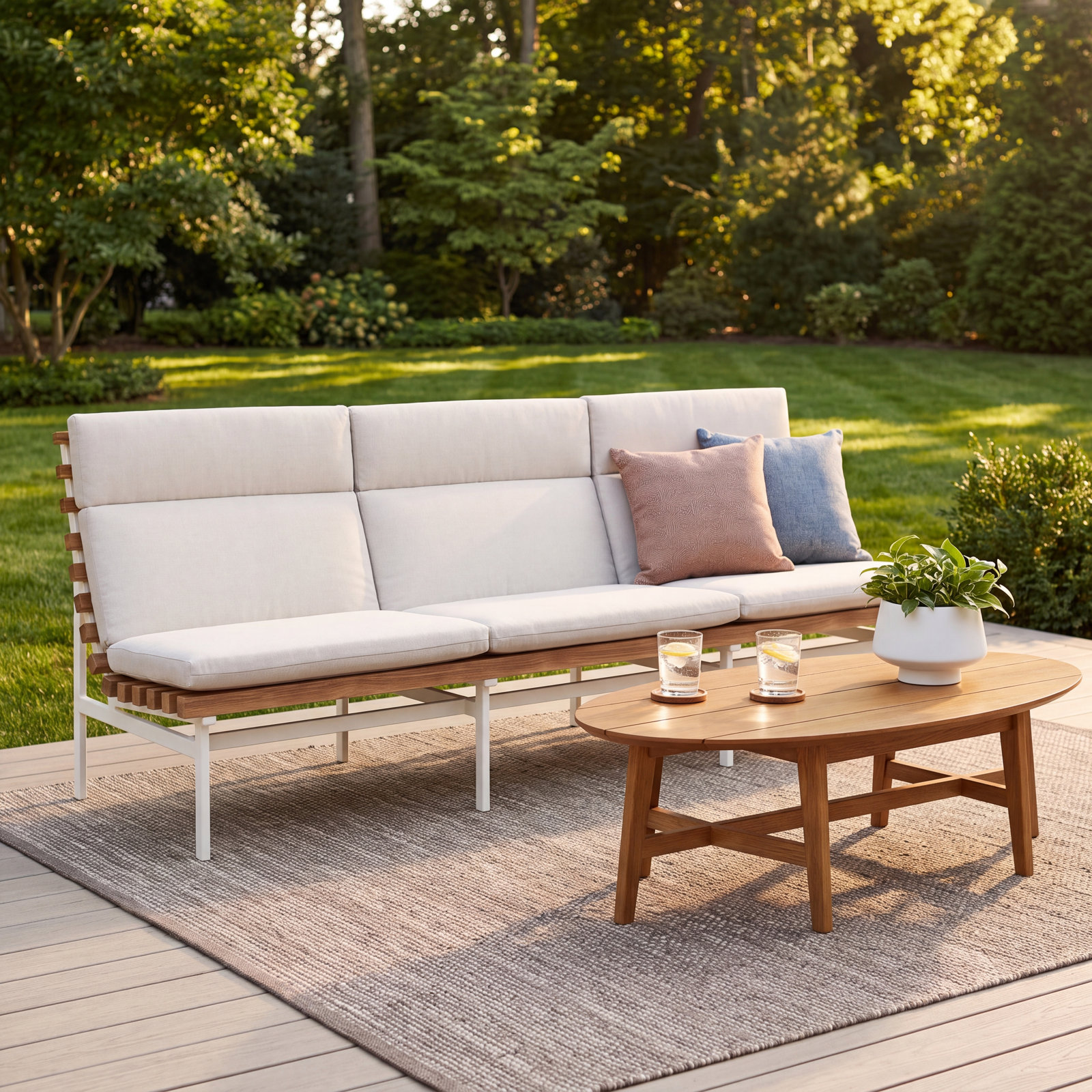 Perch 88" Teak Patio Sofa, Sunbrella Linen, White