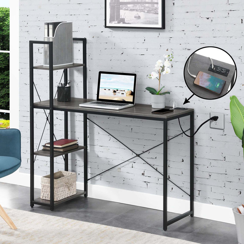 Bureau d'ordinateur avec prises Gerell, Gris anthracite