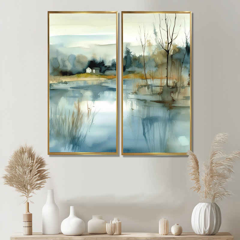 Été lac paysage Illustration V - grand lac art mural 2 panneaux, 40" H x 40" W, Impression encadrée flottante, Gold