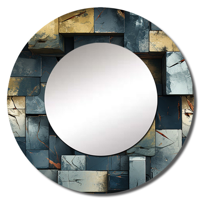 Industrial Concrete Wall Illusion - Brick  Decorative Mirror, Grey Round Wall Mirror, Printed Metal Art, 23" x 23"