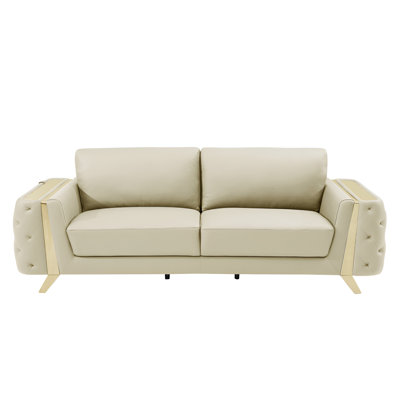 Gracie Mills 90" Beige Italian Leather Sofa With Gold Legs