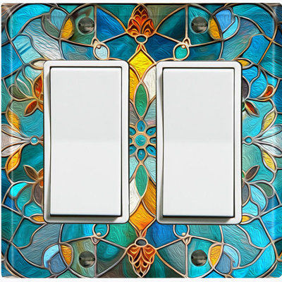 Plaque d'interrupteur en métal ; interrupteur à bascule double GFI, format standard américain – motif mandala en mosaïque de vitrail imprimé