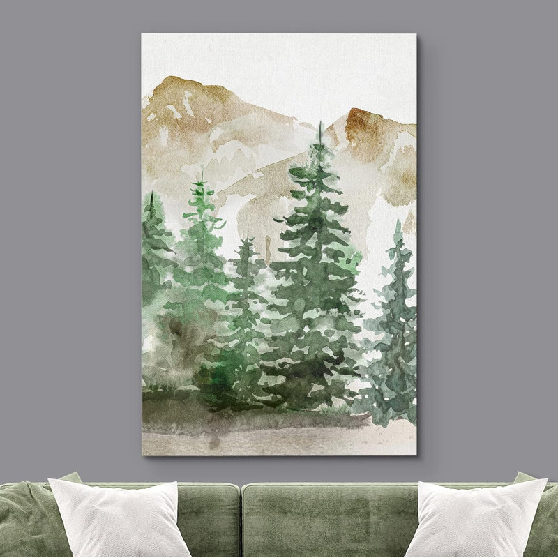 Paysage de forêt Woodland «Watercolor Pastel Green Mountain Pine Tree Forest Woodland» sur, Toile tendue, H 48 po x l 32 po