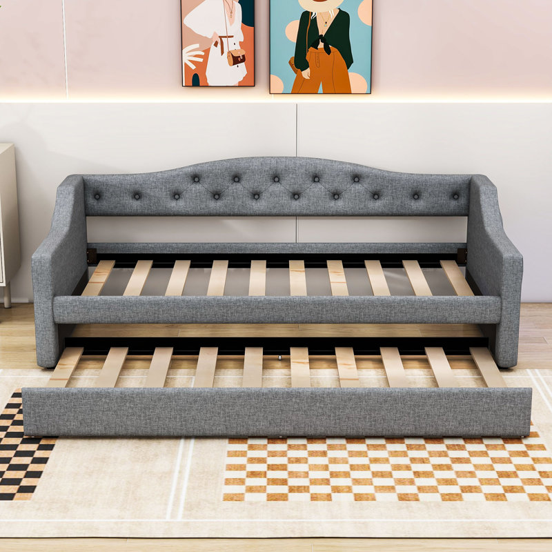 Upholstered Twin XL Daybed with Trundle and LED Belt, Gray