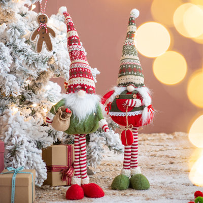 2-Piece Large Standing Holiday Gnome Set, 29.5" H Red and Green Christmas Gnome Ornament with Knit Hat , Holiday Party Home Decorations